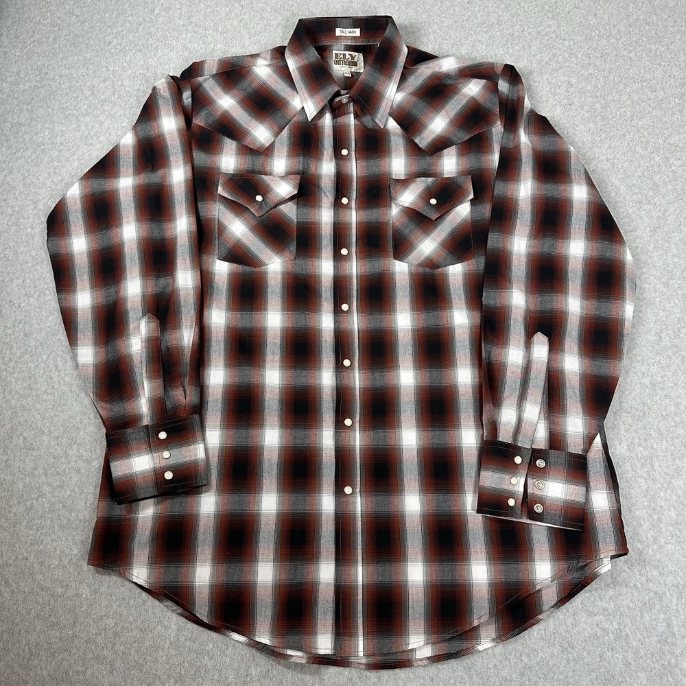 Ely Cattleman Mens XLT Tall Man Red Plaid Western Pearl Snap Cowboy Rodeo Shirt